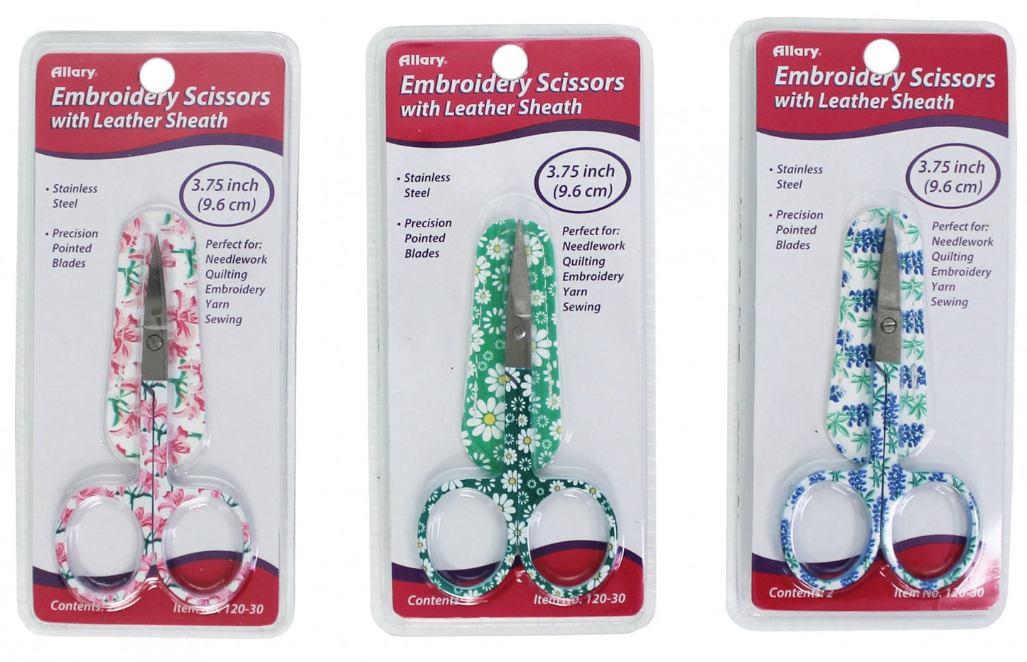 Embroidery Scissors in Leather Sheath Pink, Green, Blue