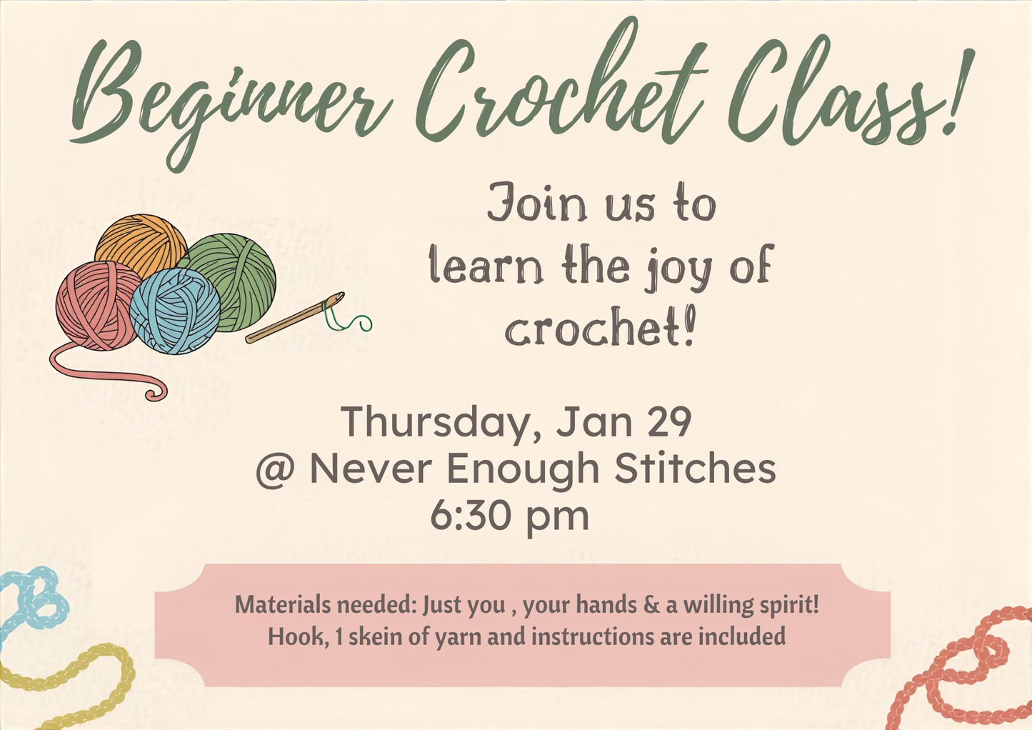 Beginner Crochet Class Jan 29, 6:30pm