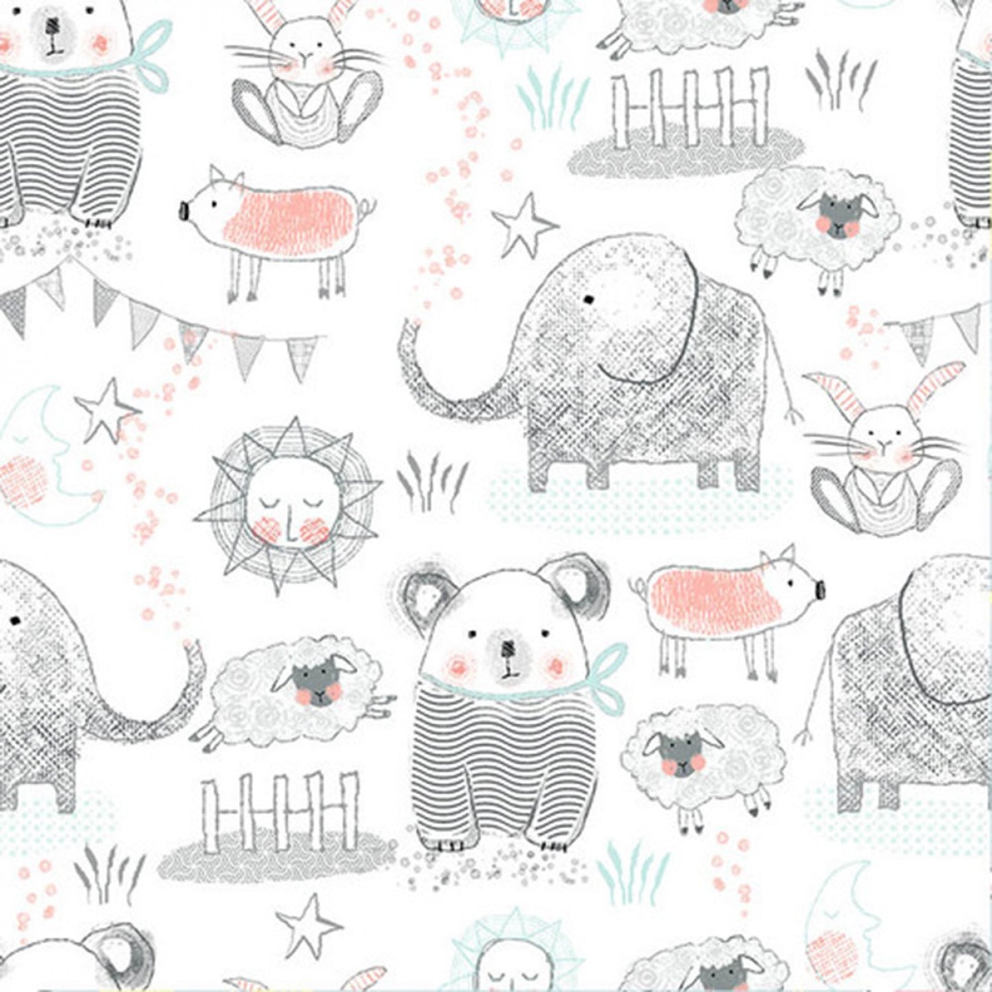 Flannel White Elephant, Bear, Pigs, Bunny & Sheep Comfy Flannel