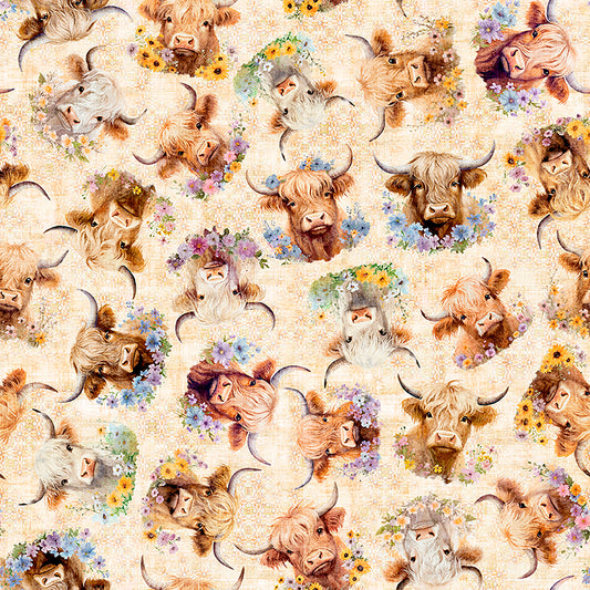UDDERLY ADORABLE - Highland Cow w/Floral - 32159-E - cream