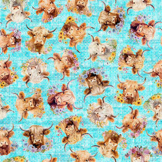 UDDERLY ADORABLE - Highland Cow w/Floral - 32159-Q - lt turquoise