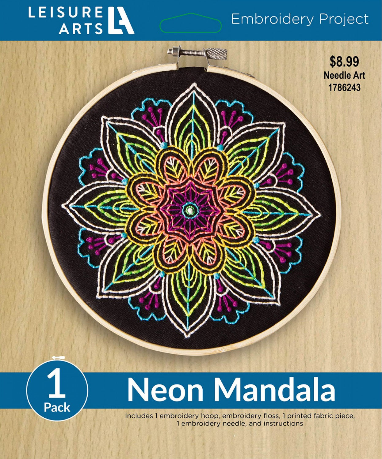 Leisure Arts Kit Embroidery 6in Neon Mandala