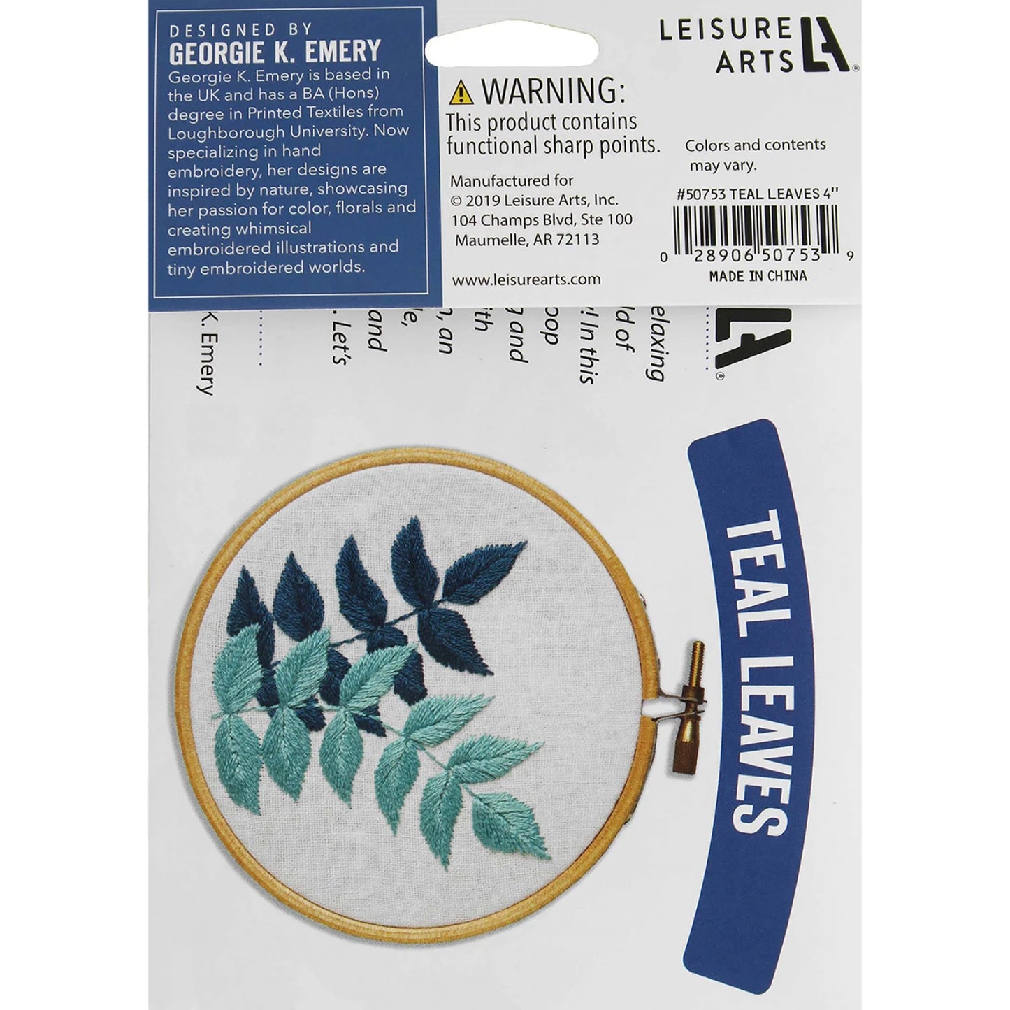 Leisure Arts Embroidery Kit 4" Teal Leaves