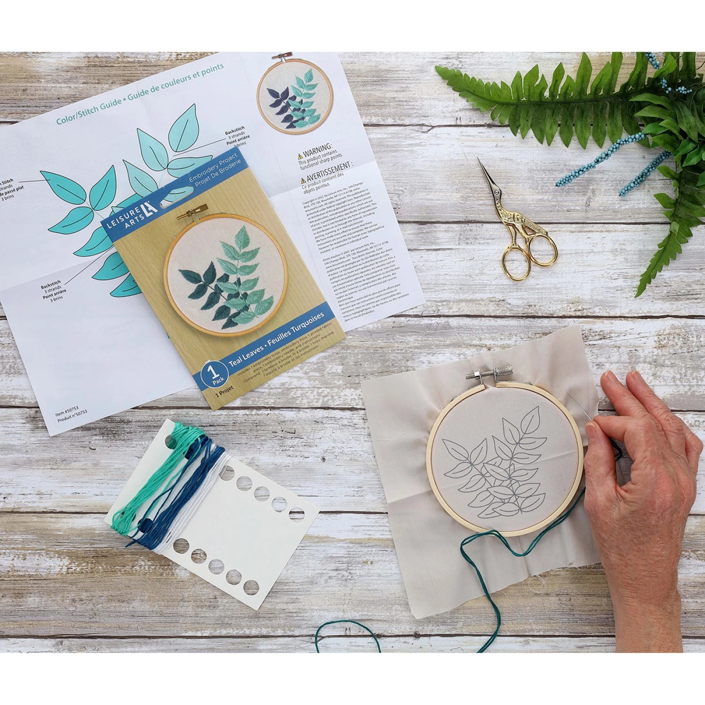 Leisure Arts Embroidery Kit 4" Teal Leaves